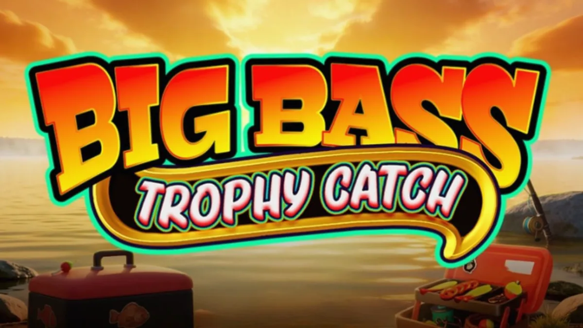 Tampilan layar permainan slot Big Bass Trophy Catch dengan gulungan yang menampilkan simbol-simbol memancing dan nelayan.