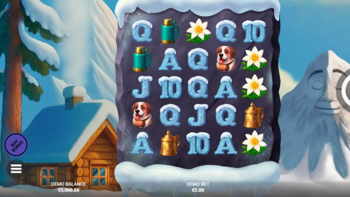 Pemandangan pegunungan bersalju dalam slot Avalanche dengan simbol-simbol unik di gulungan.