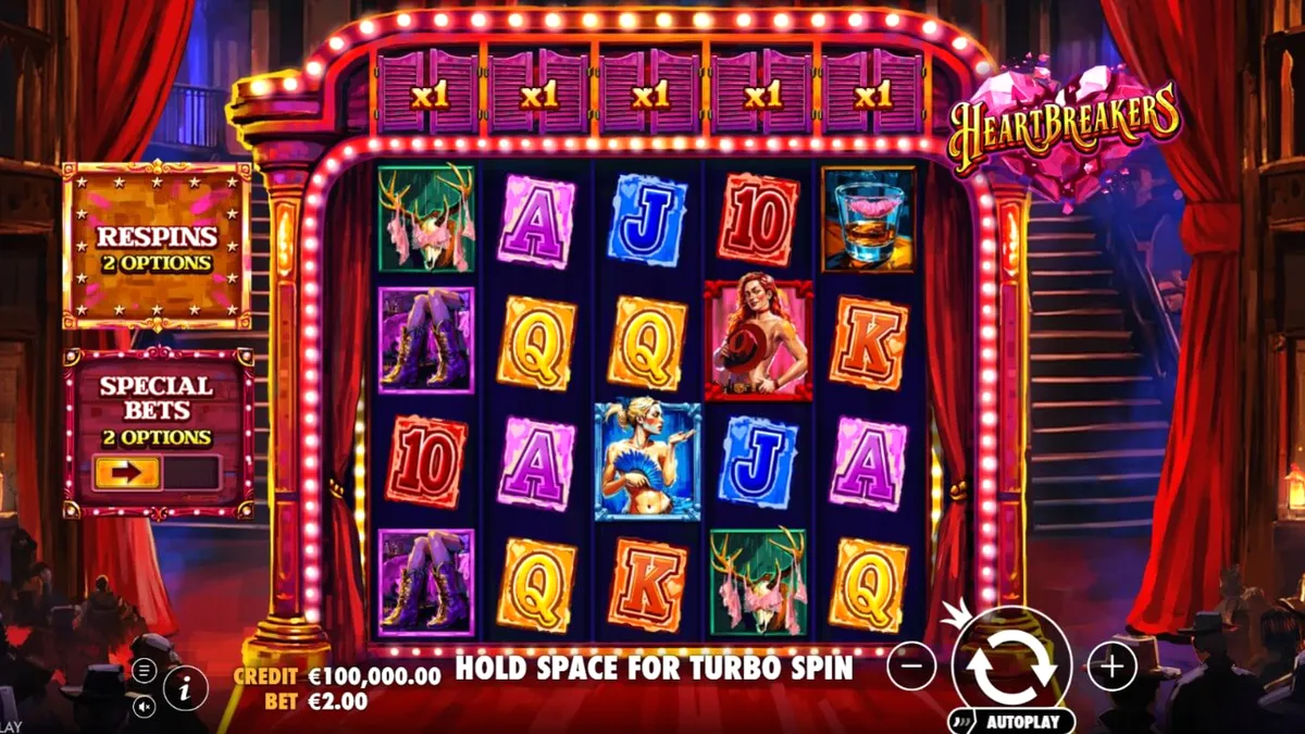 Tampilan visual slot Heartbreakers dengan tema burlesque dan koboi
